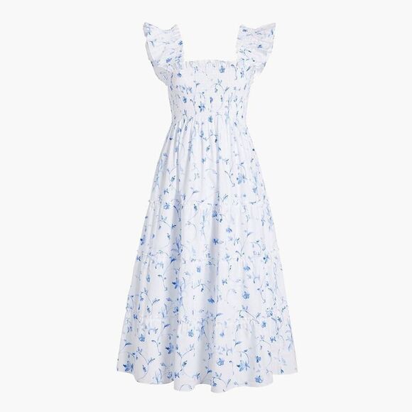 Hill House Ellie Nap Dress in Blue Botanical Floral Smocked Midi Ruffle S - Picture 1 of 9